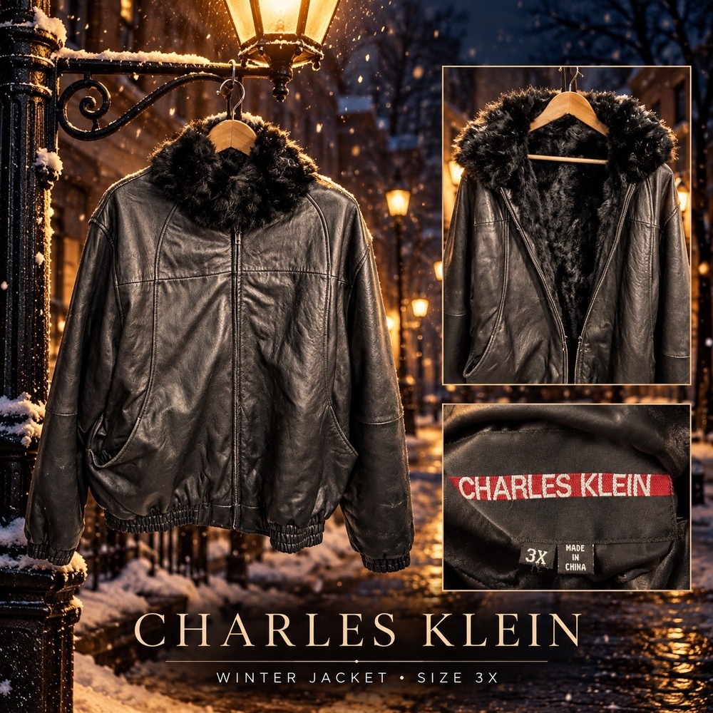Charles Klein Mens Black Leather Bomber Jacket Faux Fur Lined 3X Lrg Heavy Warm